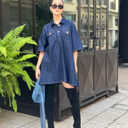 Détail robe baby doll denim — couture en atelier — SYD DENIM