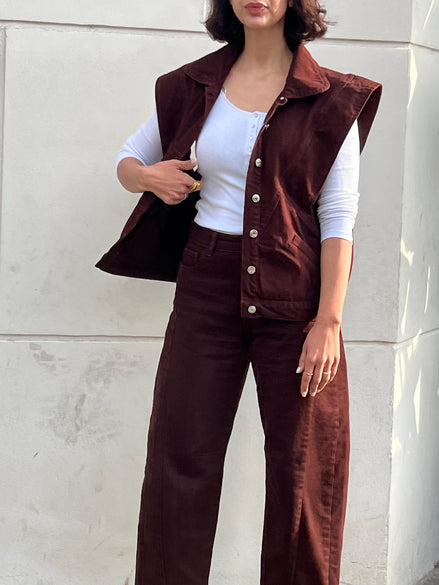 Veste sans manches denim chocolat femme — SYD DENIM — atelier Casablanca