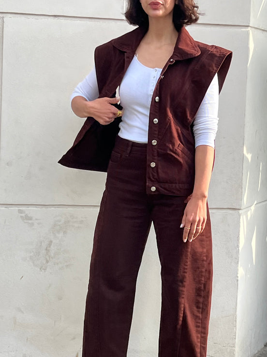 Veste sans manches denim chocolat femme — SYD DENIM — atelier Casablanca