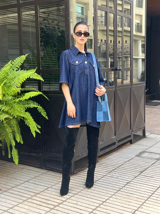 Baby doll denim robe — vue de côté — SYD DENIM atelier Casablanca