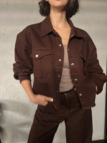 Veste oversize chocolat denim — vue de dos — SYD DENIM atelier Casablanca