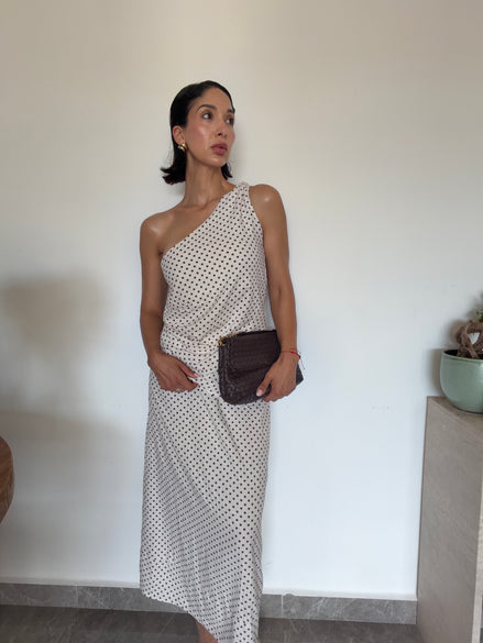 The Colette Set Summer Edition by SYD — top asymétrique une épaule et jupe lin imprimé petit pois — atelier Casablanca Maroc