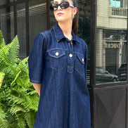 Robe baby doll denim portée — SYD DENIM confection artisanale