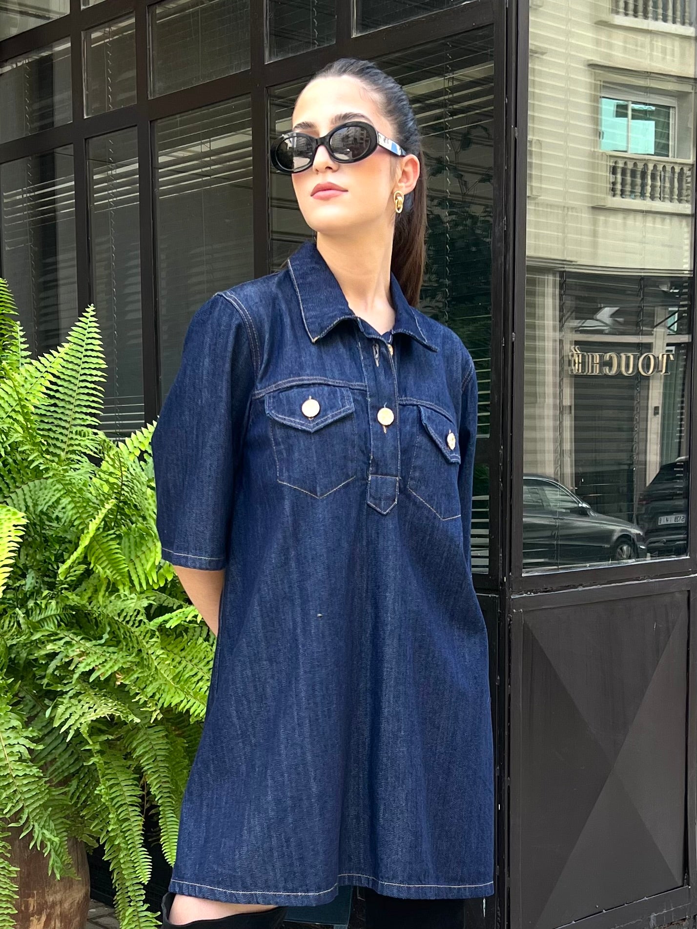 Robe baby doll denim portée — SYD DENIM confection artisanale