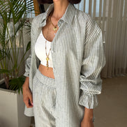 The Néroli Set Summer Edition by SYD — chemise oversize et pantalon lin vert sauge rayé coupe droite — atelier Casablanca Maroc