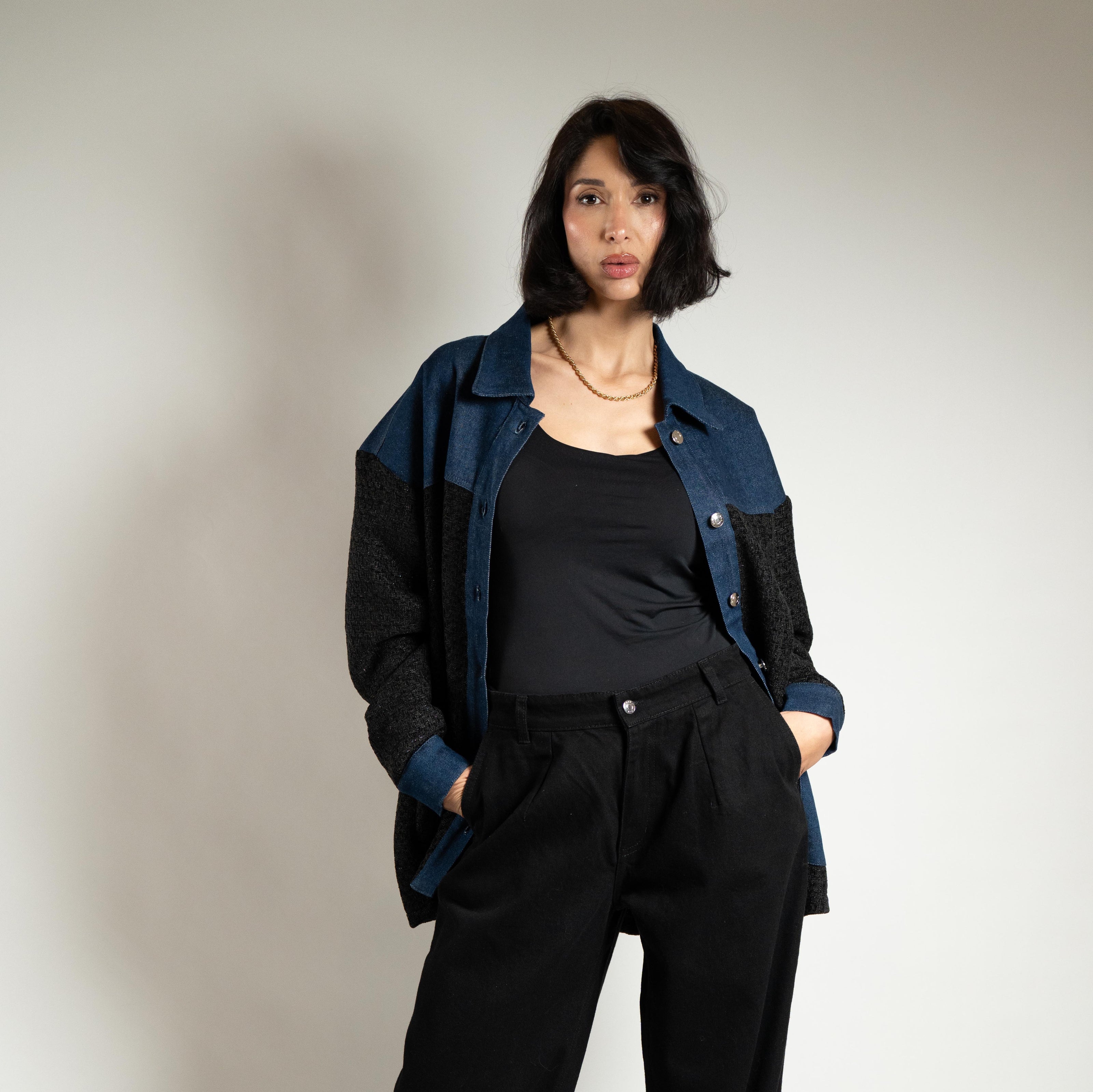 Veste denim tweed portée — profil — SYD DENIM Casablanca