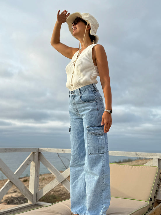 Jean cargo denim femme — SYD DENIM — atelier Casablanca Maroc
