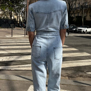 Combinaison denim portée — vue de face — SYD DENIM atelier Casablanca