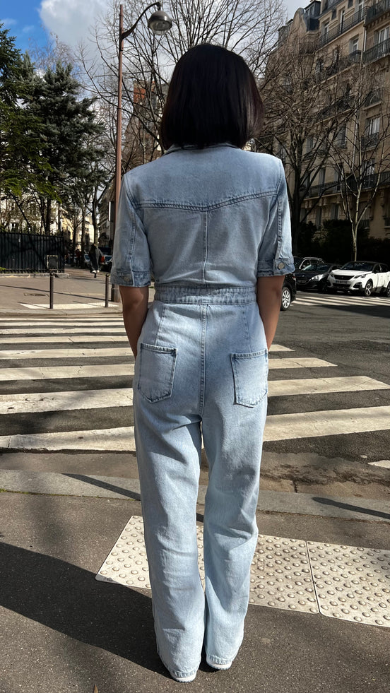 Combinaison denim portée — vue de face — SYD DENIM atelier Casablanca