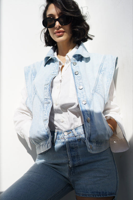 Gilet denim oversize femme — SYD DENIM — atelier Casablanca Maroc