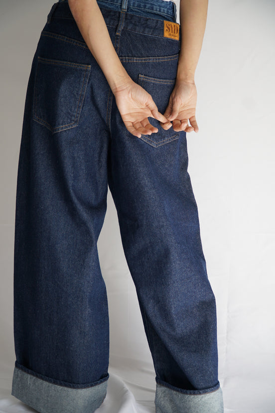 Wide leg denim taille haute — vue de côté — SYD DENIM atelier Casablanca