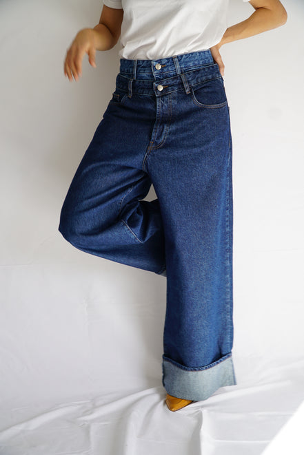 Détail jean wide leg double waist — couture en atelier — SYD DENIM
